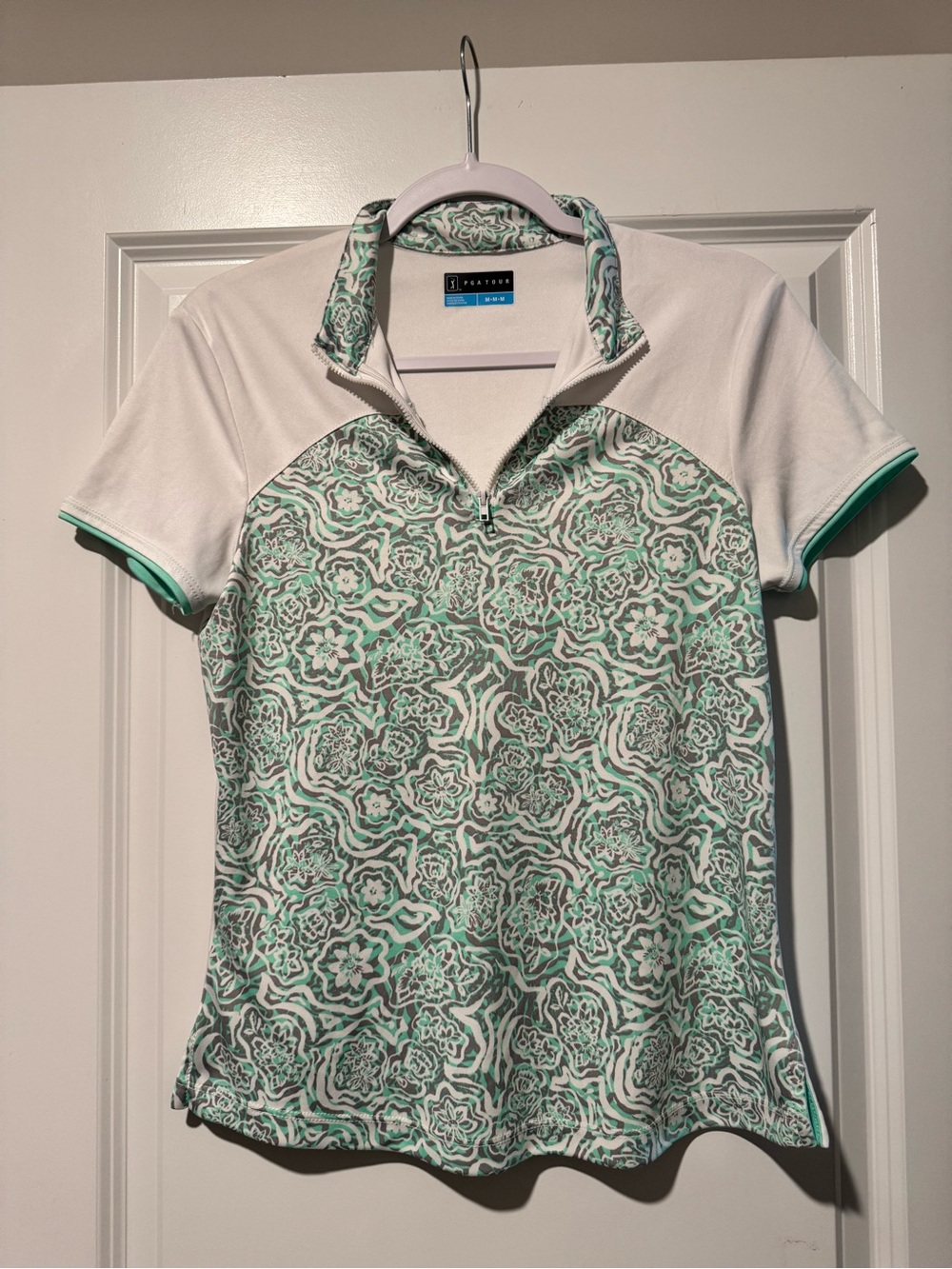 PGA tour Women's Short Sleeve Mint Floral Athletic Zip Polo